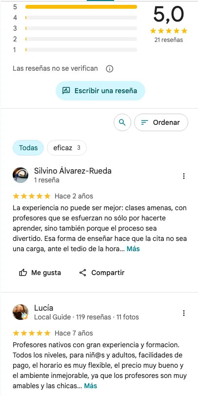 Captura del perfil de Google de la academia: 5,0 estrellas sobre 21 reseñas
